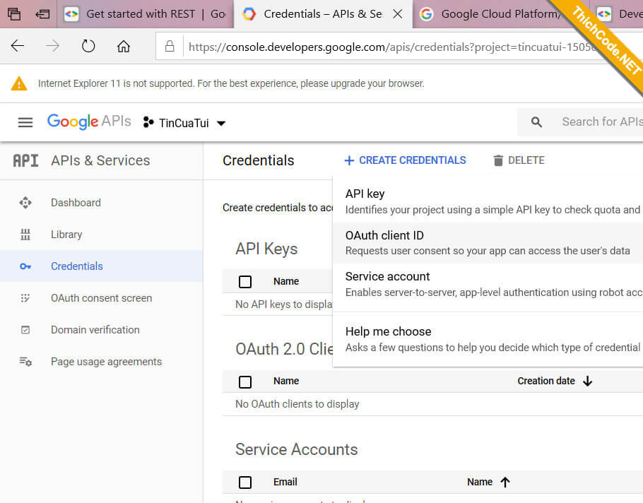 CREATE CREDENTIALS Console Google